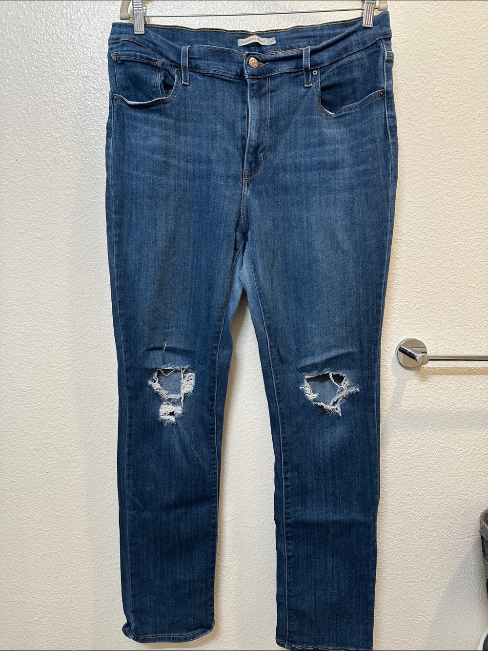 Levi's Blue High-Rise Straight Jeans with Knee Distress